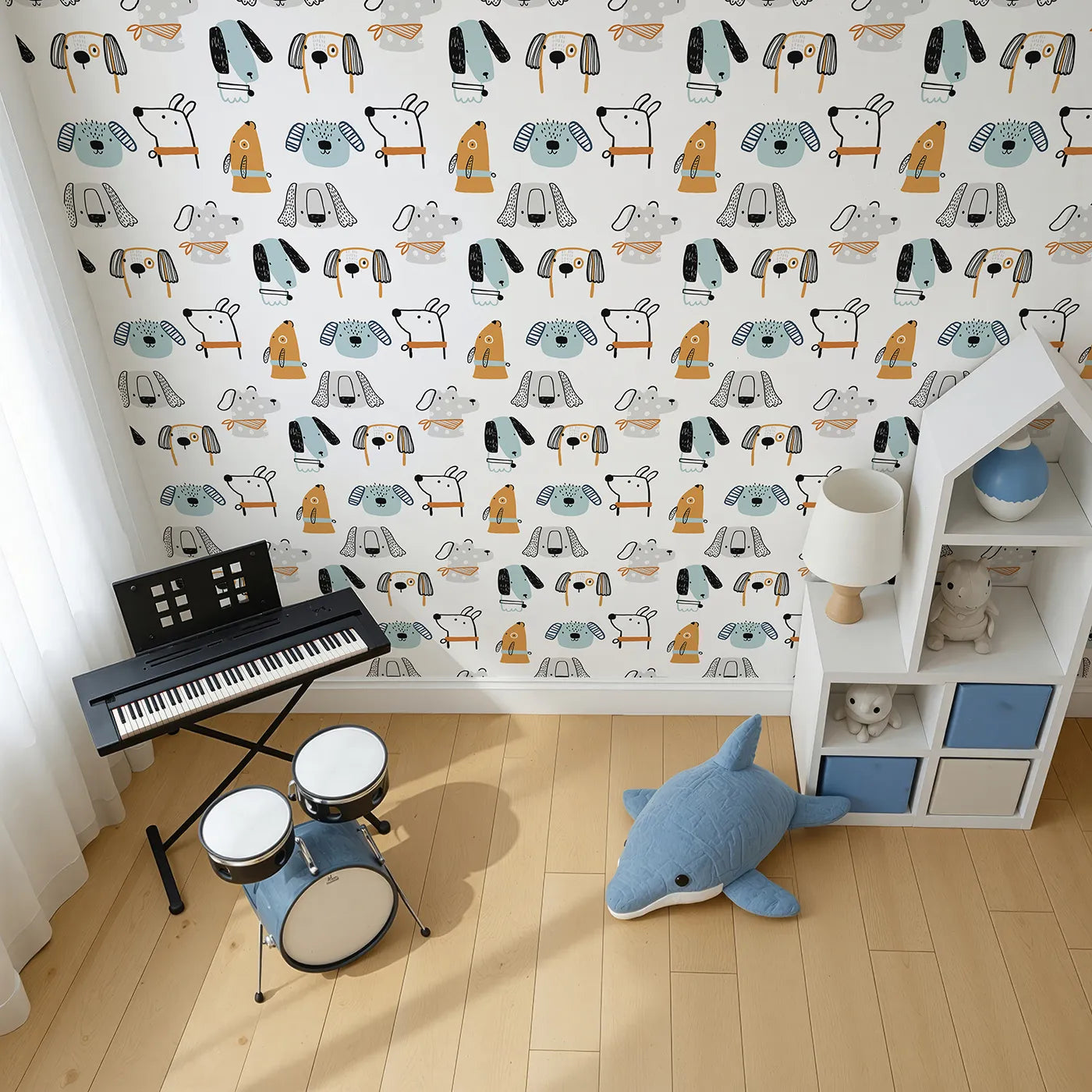 Top-Down view of Whimsy Tots' Quirky Dog Portraits Wallpaper (W2267).Where a pack of hand-drawn, stylish dogs are waiting to play.