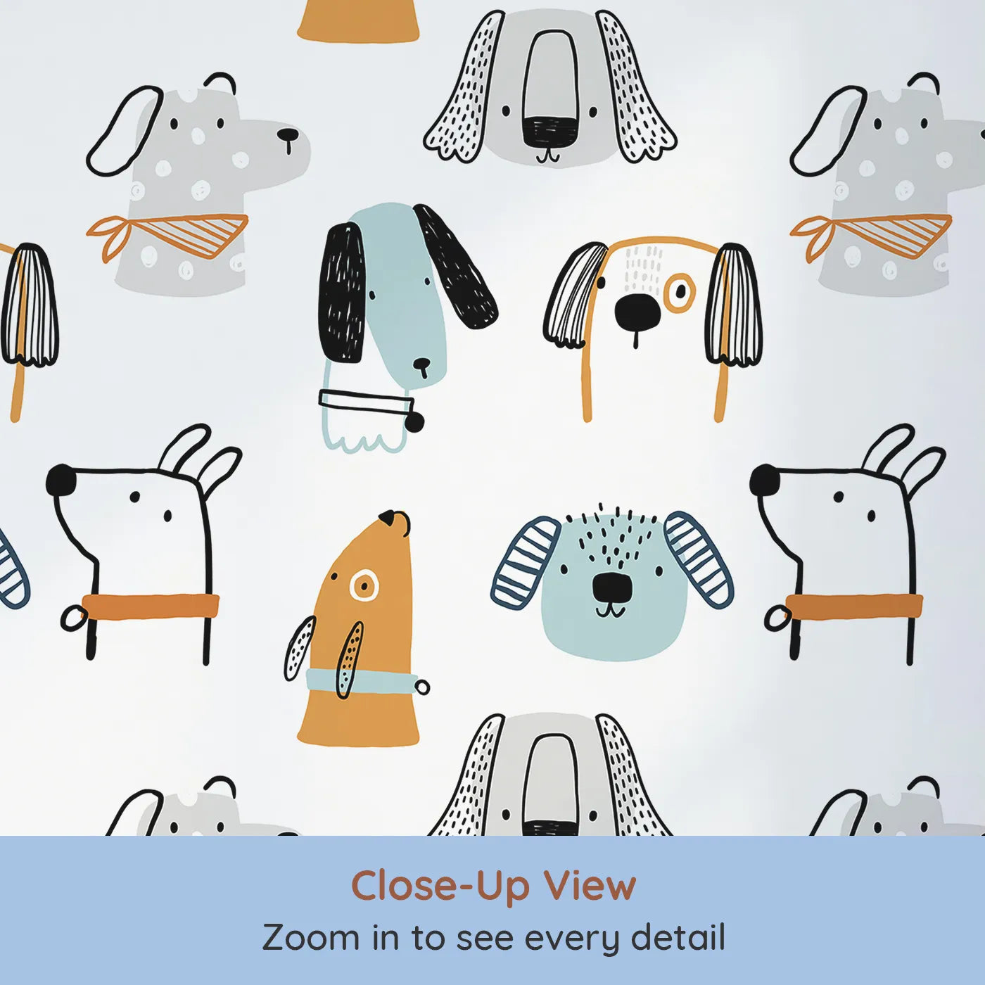 Close-up view of Whimsy Tots' Quirky Dog Portraits Wallpaper (W2267).Where a pack of hand-drawn, stylish dogs are waiting to play.