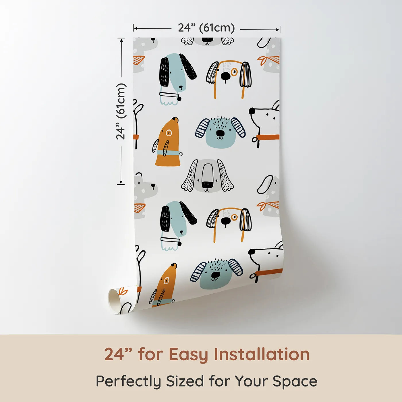 Dimension view of Whimsy Tots Quirky Dog Portraits Wallpaper (W2267). Printed in 24-inch-wide panel for easy installation. Where a pack of hand-drawn, stylish dogs are waiting to play.