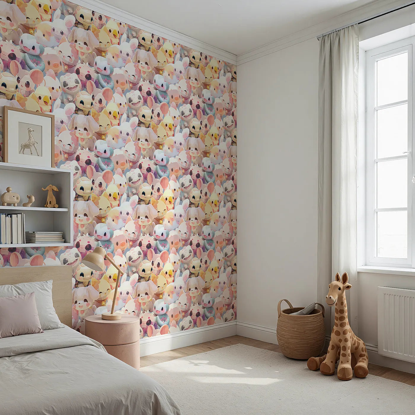 Angled view of Whimsy Tots' Kawaii Animal Friends Wallpaper (W2269).Where a whole world of adorable, chibi-style animals are gathered.