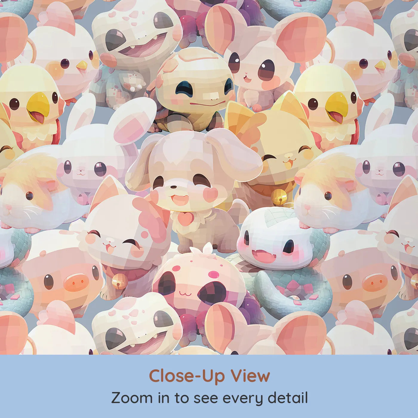 Close-up view of Whimsy Tots' Kawaii Animal Friends Wallpaper (W2269).Where a whole world of adorable, chibi-style animals are gathered.