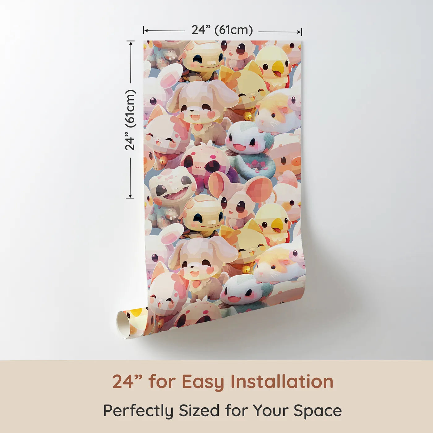 Dimension view of Whimsy Tots Kawaii Animal Friends Wallpaper (W2269). Printed in 24-inch-wide panel for easy installation. Where a whole world of adorable, chibi-style animals are gathered.