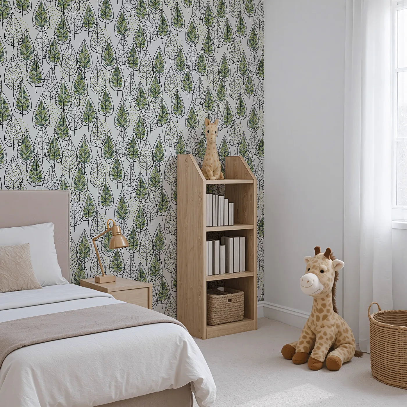 Angled view of Whimsy Tots' Modern Stained Glass Leaves Wallpaper (W2270).Where the beauty of a leaf is captured in modern, graphic style.