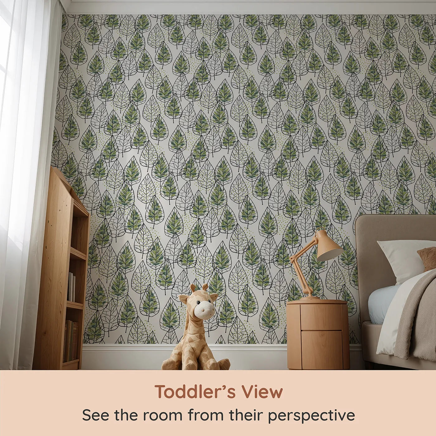 Whimsy Tots Modern Stained Glass Leaves Wallpaper (W2270) from your child's view.Where the beauty of a leaf is captured in modern, graphic style.
