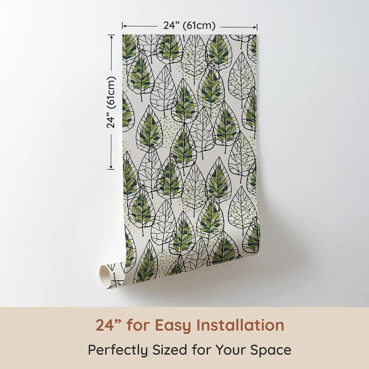 Dimension view of Whimsy Tots Modern Stained Glass Leaves Wallpaper (W2270). Printed in 24-inch-wide panel for easy installation. Where the beauty of a leaf is captured in modern, graphic style.