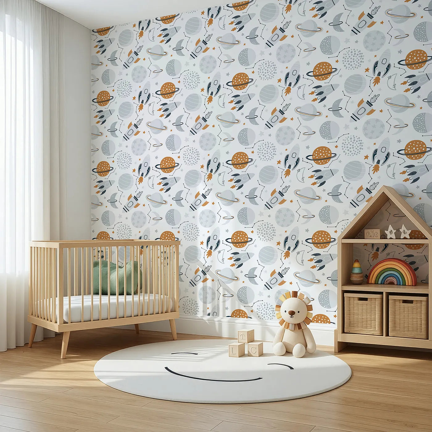 Angled view of Whimsy Tots' Boho Space Voyage Wallpaper (W2271).Where modern rockets and planets chart a course for adventure.