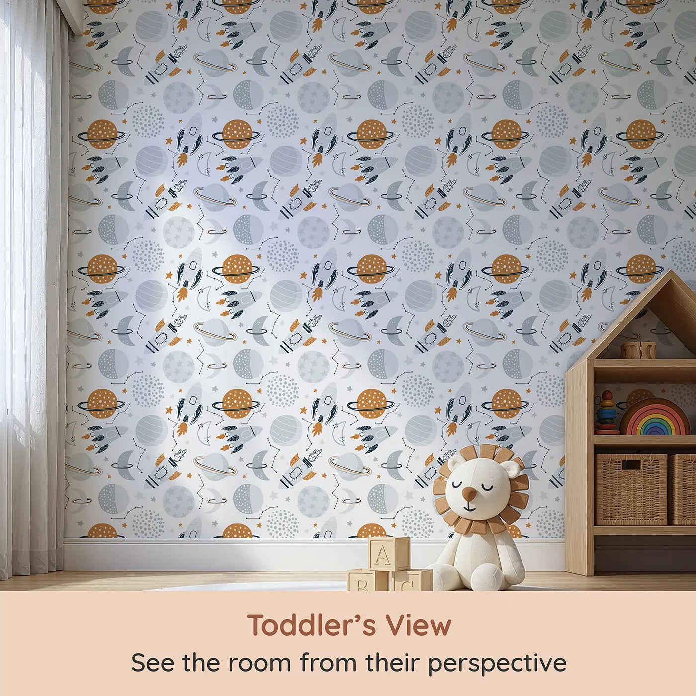 Whimsy Tots Boho Space Voyage Wallpaper (W2271) from your child's view.Where modern rockets and planets chart a course for adventure.