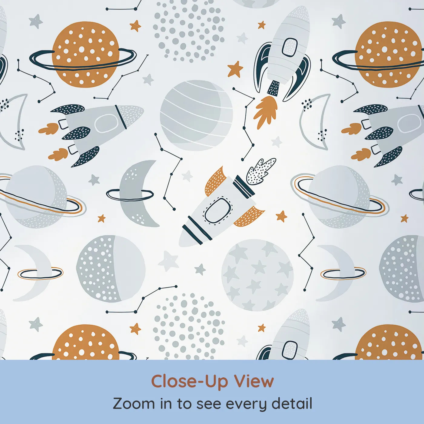 Close-up view of Whimsy Tots' Boho Space Voyage Wallpaper (W2271).Where modern rockets and planets chart a course for adventure.