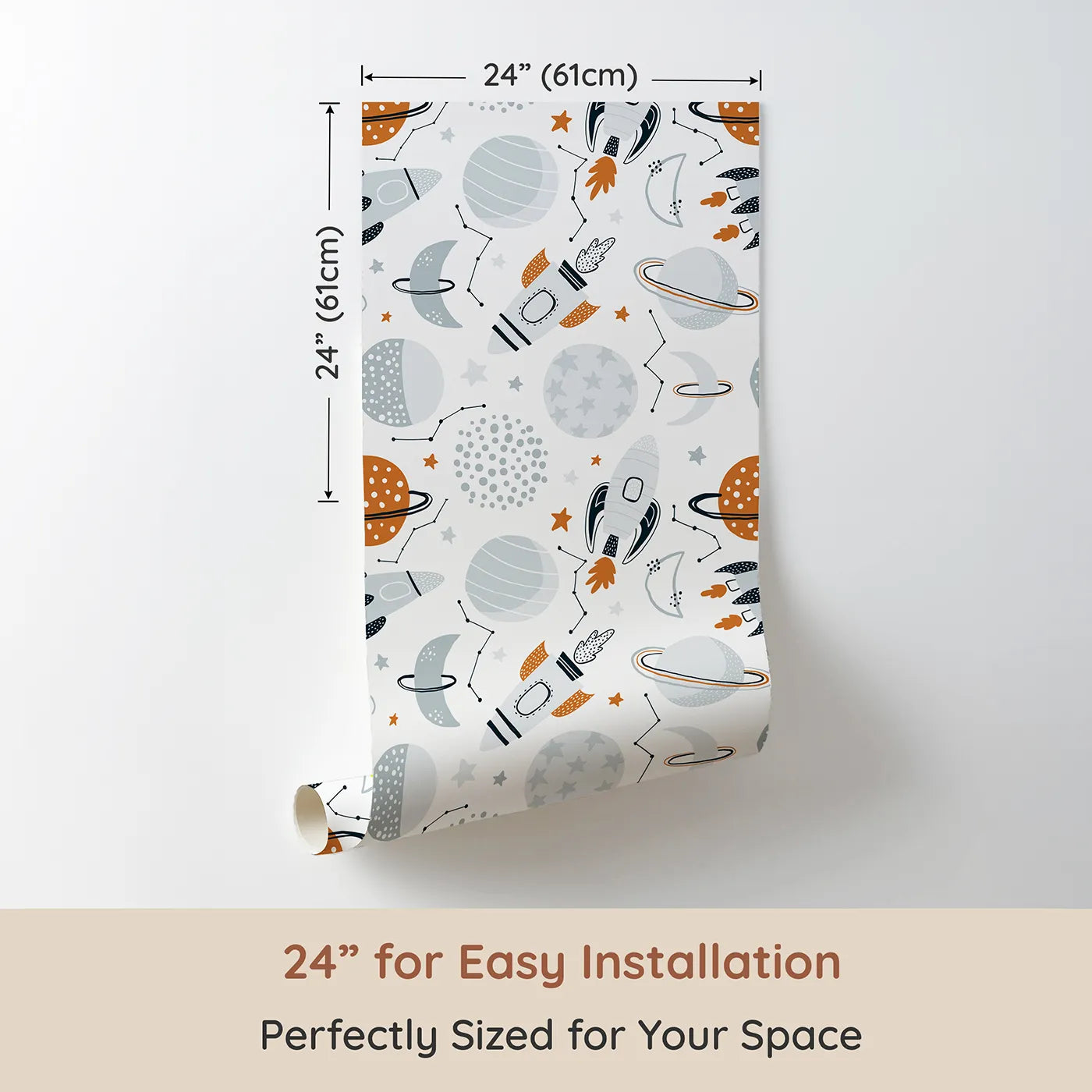 Dimension view of Whimsy Tots Boho Space Voyage Wallpaper (W2271). Printed in 24-inch-wide panel for easy installation. Where modern rockets and planets chart a course for adventure.