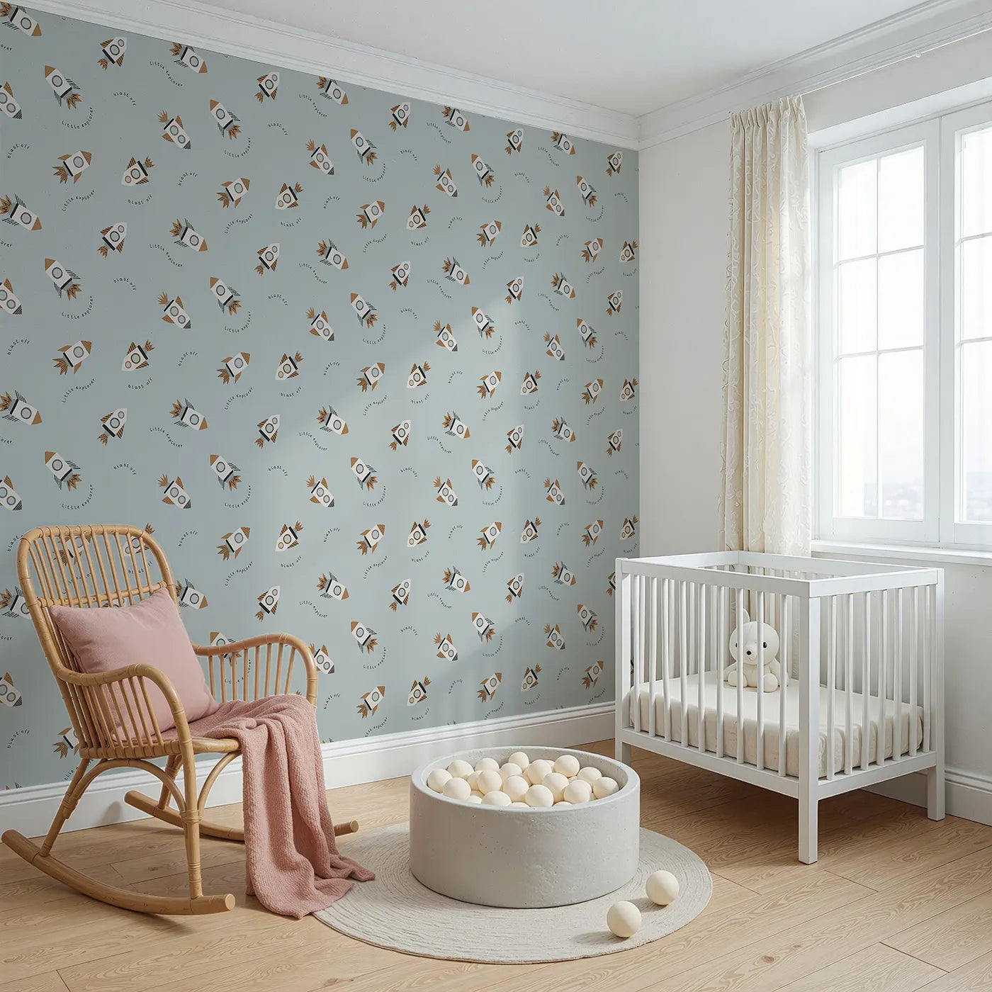 Angled view of Whimsy Tots' Little Explorer Rocket Wallpaper (W2272).Where a fleet of little rockets is ready to "blast off!".