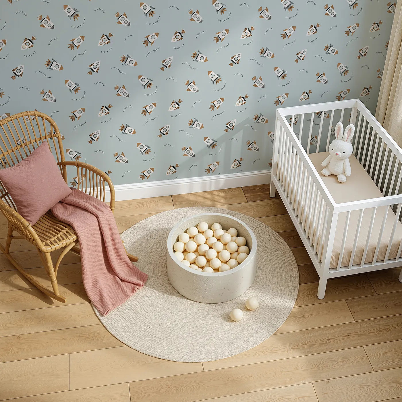 Top-Down view of Whimsy Tots' Little Explorer Rocket Wallpaper (W2272).Where a fleet of little rockets is ready to "blast off!".