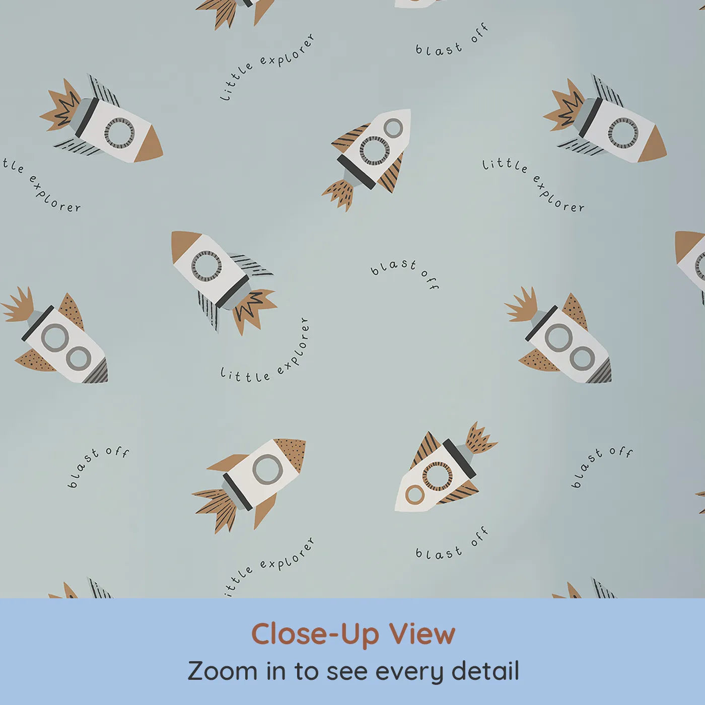 Close-up view of Whimsy Tots' Little Explorer Rocket Wallpaper (W2272).Where a fleet of little rockets is ready to "blast off!".