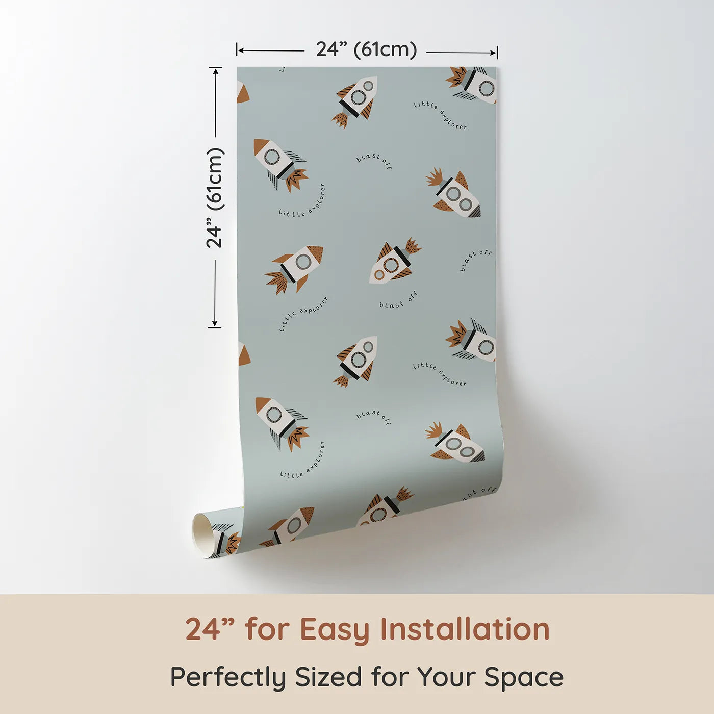 Dimension view of Whimsy Tots Little Explorer Rocket Wallpaper (W2272). Printed in 24-inch-wide panel for easy installation. Where a fleet of little rockets is ready to "blast off!".