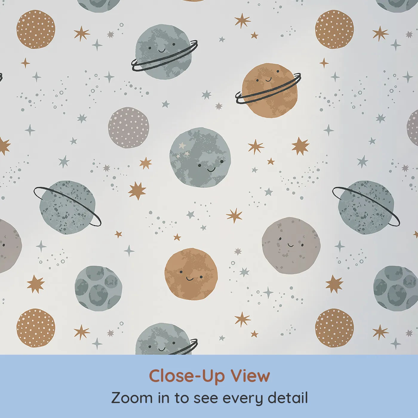 Close-up view of Whimsy Tots' Happy Planet Friends Wallpaper (W2273).Where a whole solar system of smiling planets is waiting to play.