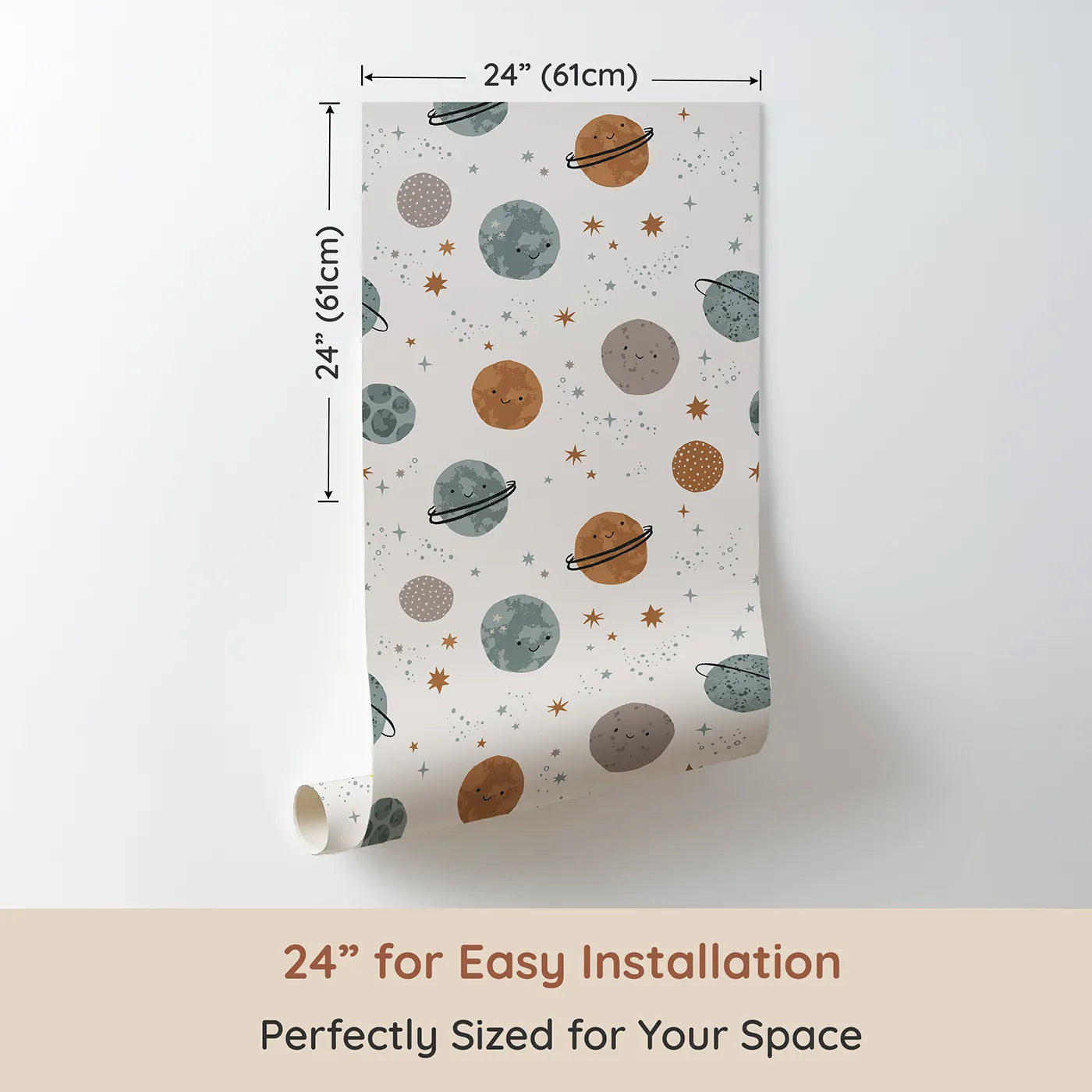 Dimension view of Whimsy Tots Happy Planet Friends Wallpaper (W2273). Printed in 24-inch-wide panel for easy installation. Where a whole solar system of smiling planets is waiting to play.