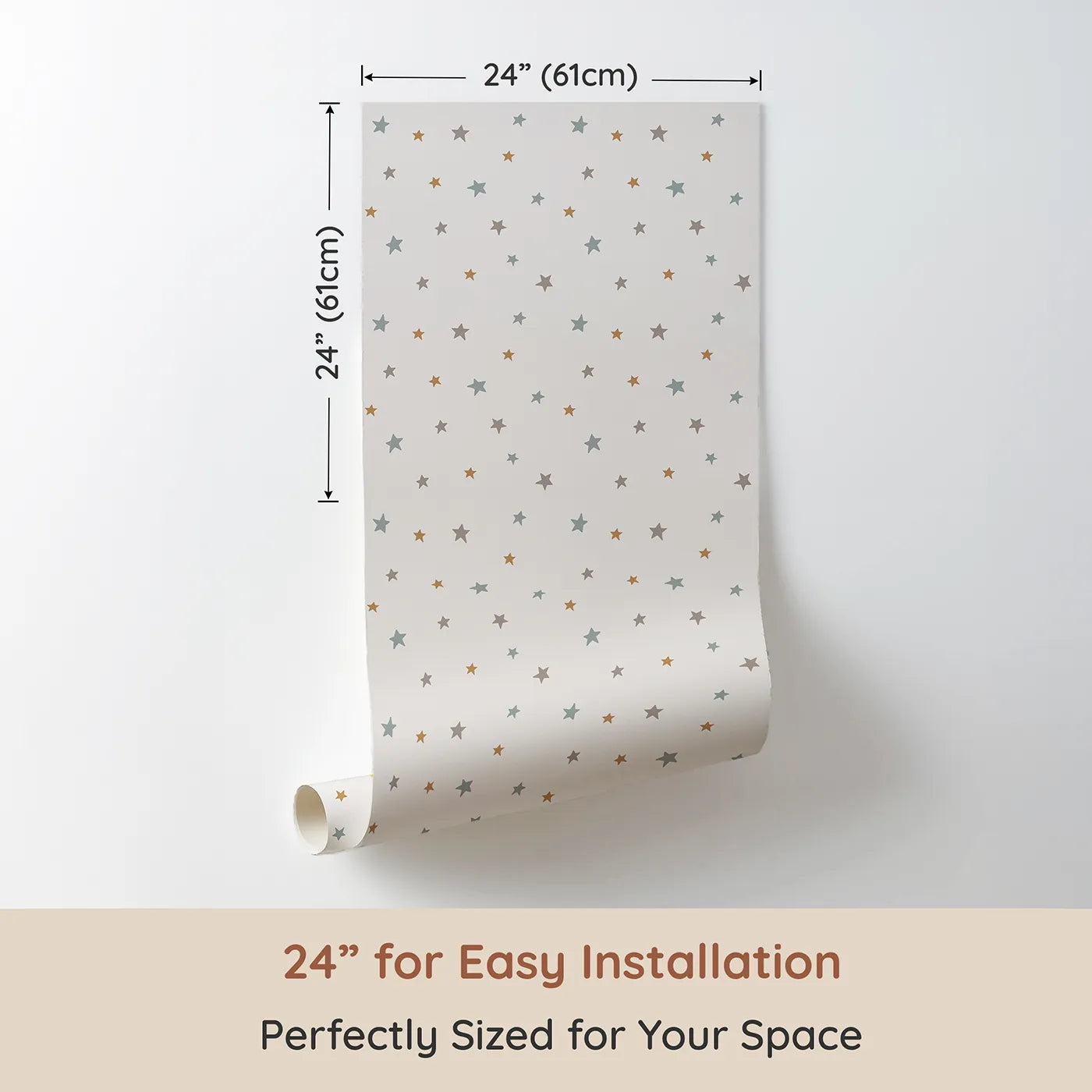 Dimension view of Whimsy Tots Neutral Starry Sky Wallpaper (W2274). Printed in 24-inch-wide panel for easy installation. Where a soft, starry sky is perfect for wishing on a star.