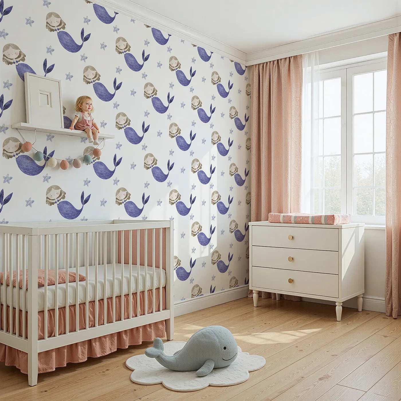 Angled view of Whimsy Tots' Textured Mermaid Dreams Wallpaper in Purple (W2275).Where a beautiful mermaid swims through a sea of painted stars.