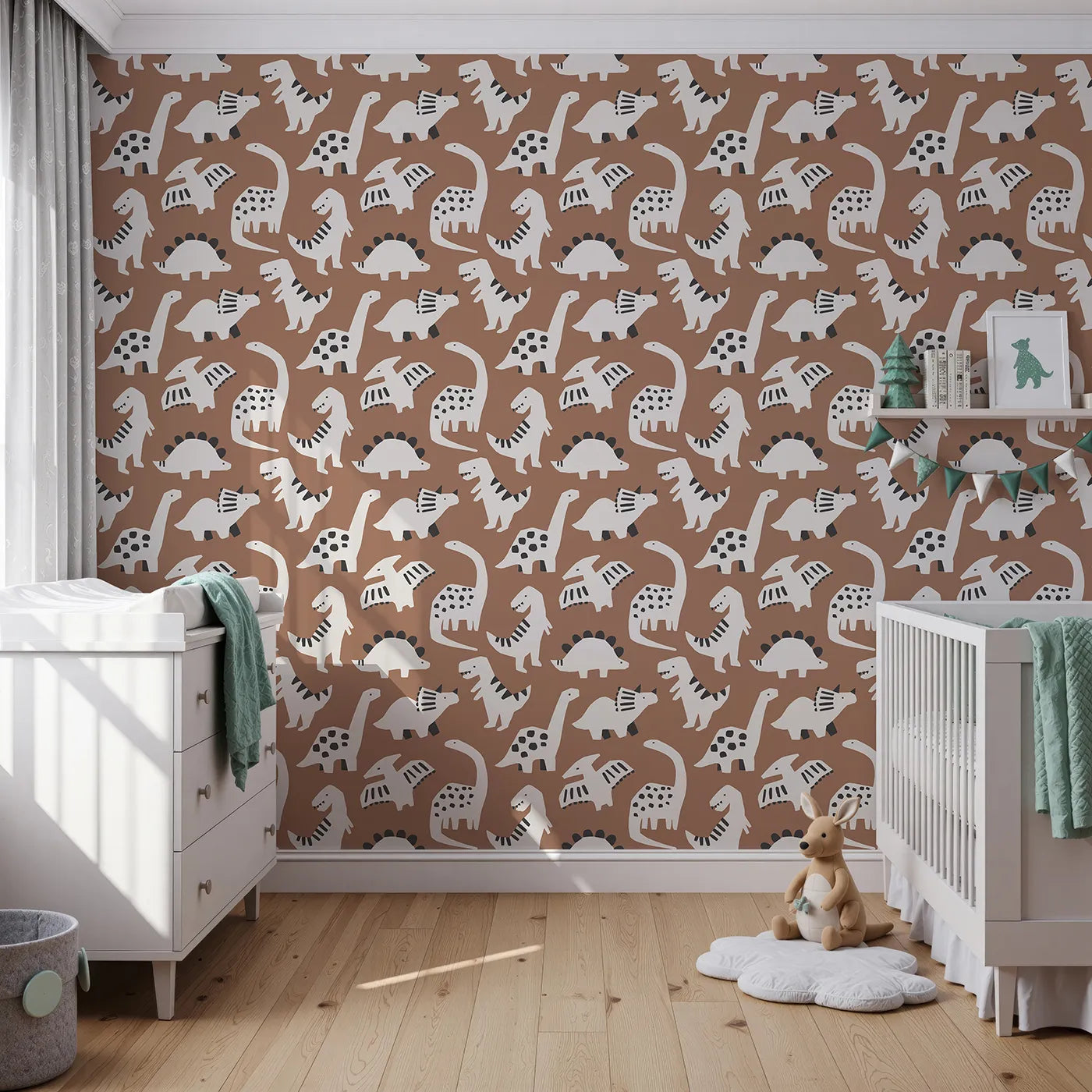 Front view of Whimsy Tots' Paper Cut Dino Land Wallpaper in Brown