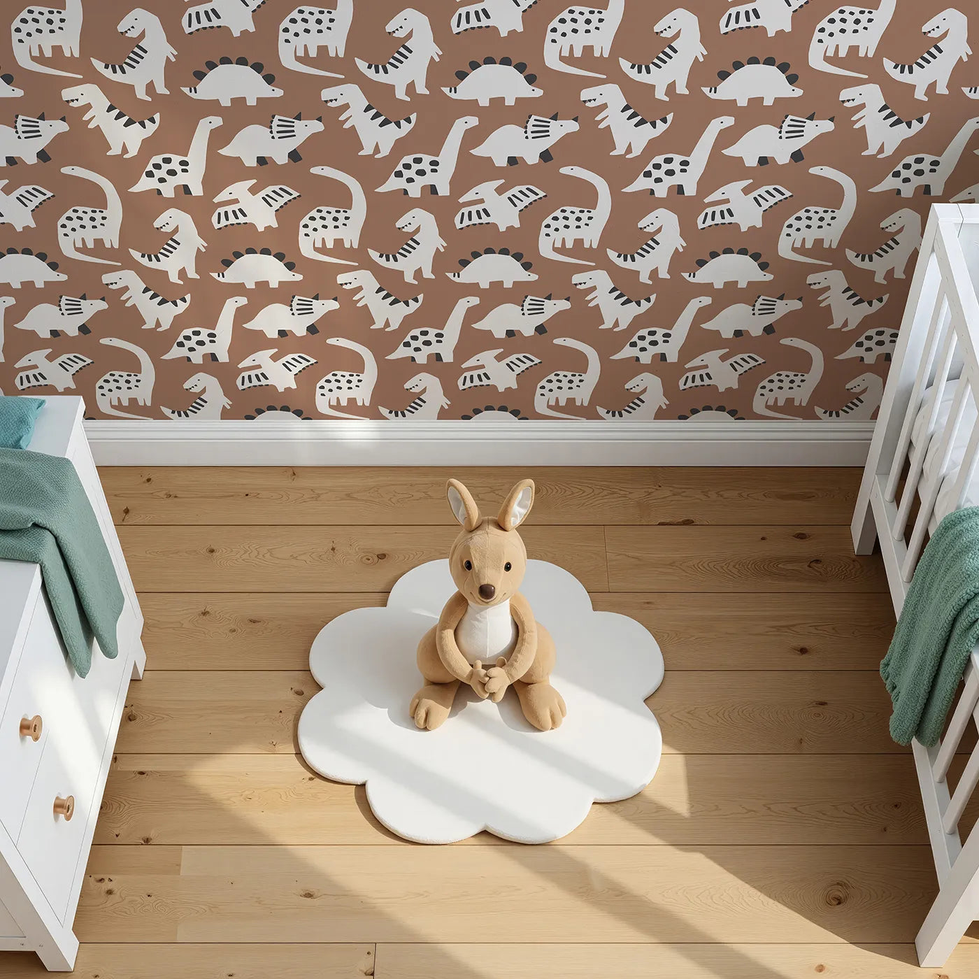 Top-Down view of Whimsy Tots' Paper Cut Dino Land Wallpaper in Brown (W2276).Where cool, paper-cut dinosaurs roam a stylish landscape.