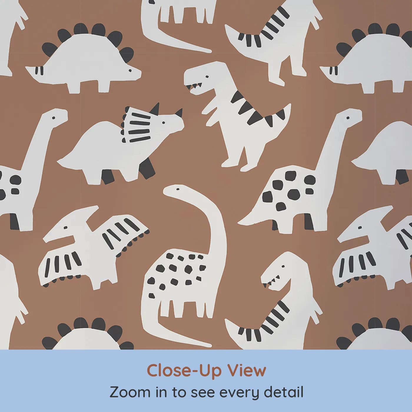 Close-up view of Whimsy Tots' Paper Cut Dino Land Wallpaper in Brown (W2276).Where cool, paper-cut dinosaurs roam a stylish landscape.
