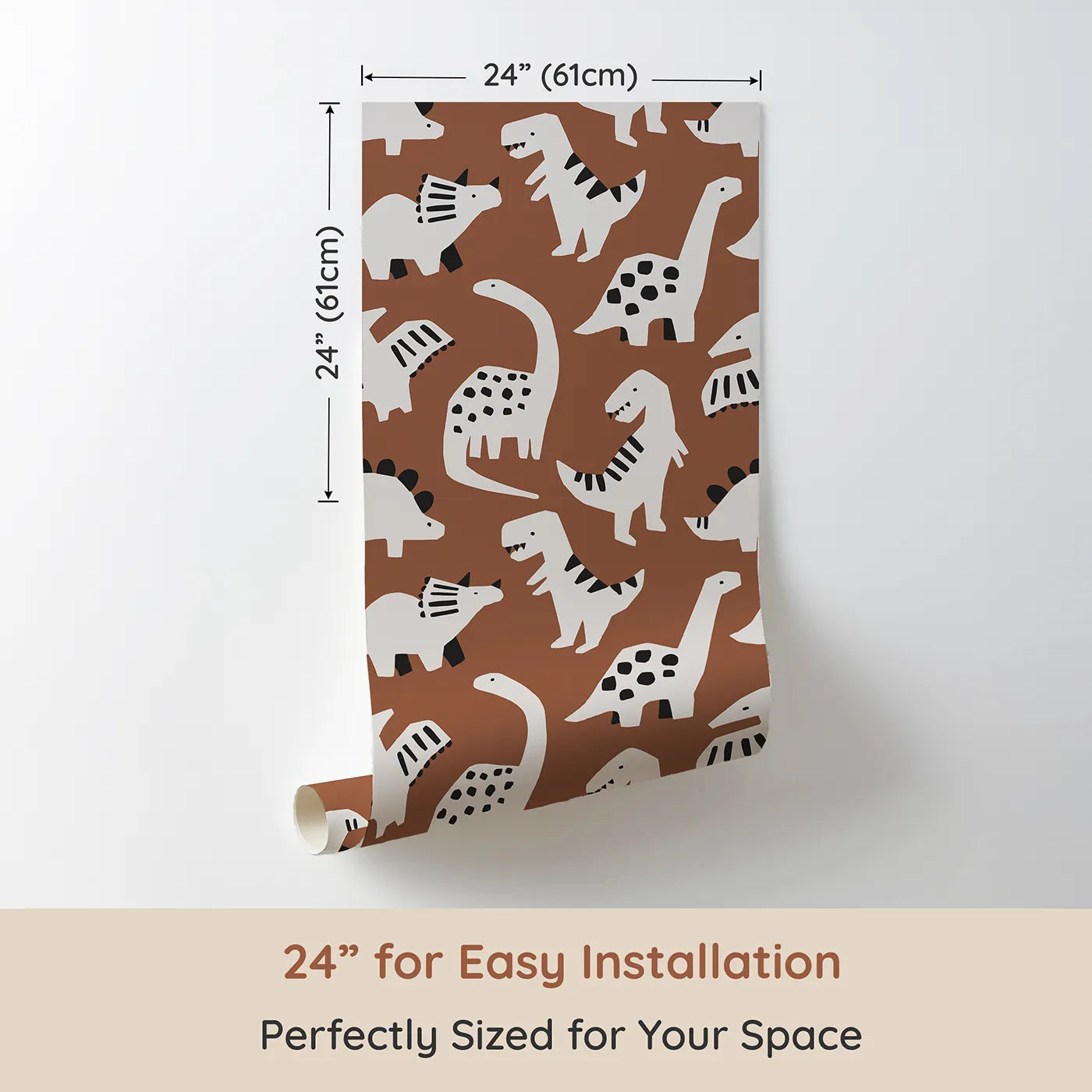 Dimension view of Whimsy Tots Paper Cut Dino Land Wallpaper in Brown (W2276). Printed in 24-inch-wide panel for easy installation. Where cool, paper-cut dinosaurs roam a stylish landscape.