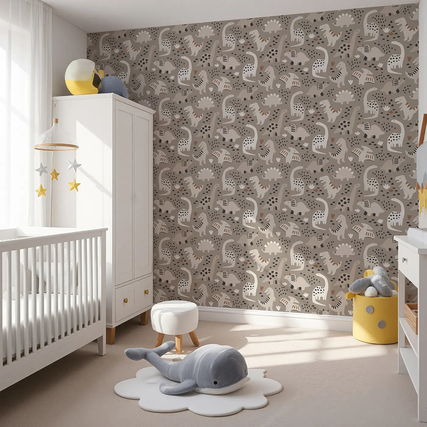 Angled view of Whimsy Tots' Paper Cut Dino Land Wallpaper in Gray (W2277).Where cool, paper-cut dinosaurs roam a stylish landscape.