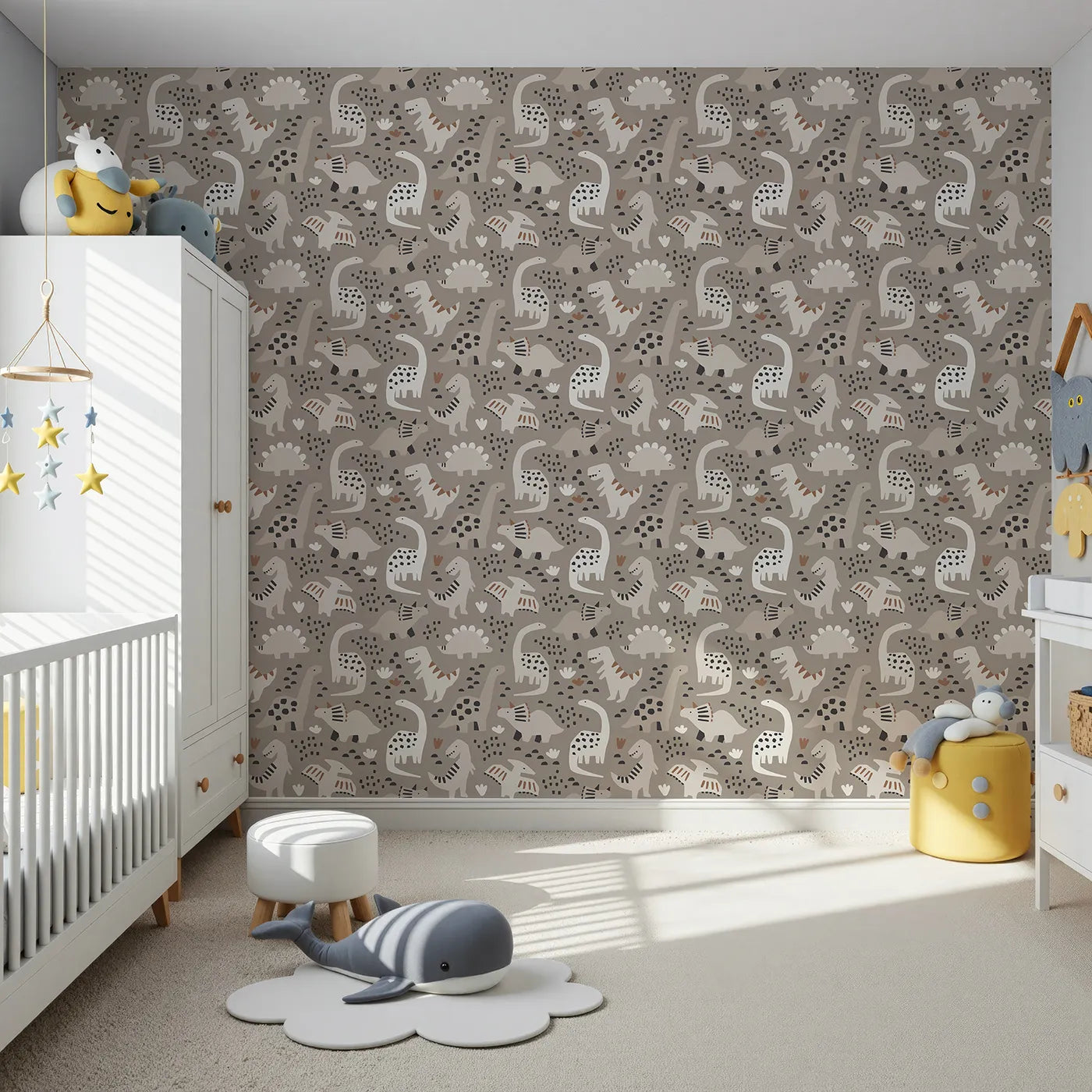 Front view of Whimsy Tots' Paper Cut Dino Land Wallpaper in Gray