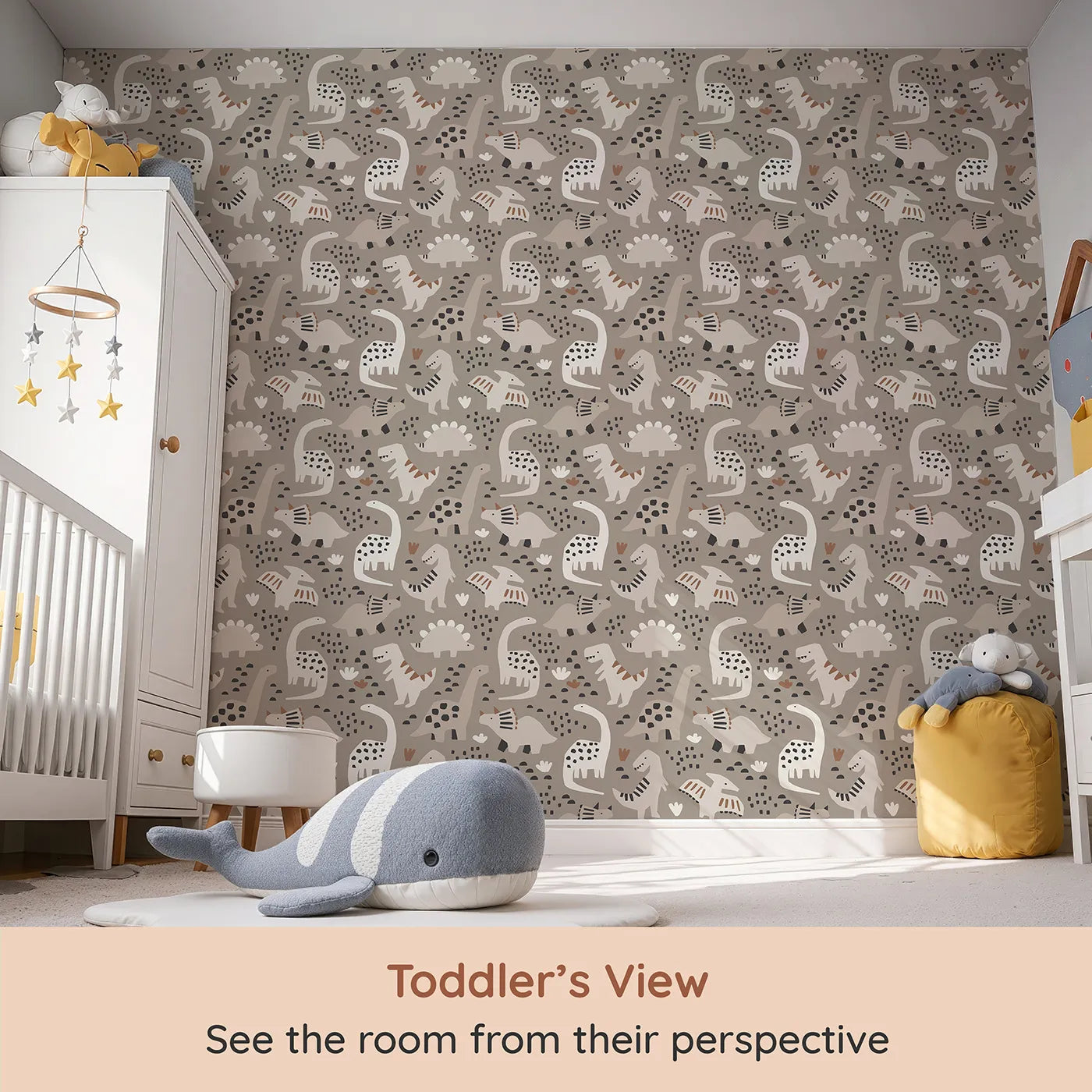 Whimsy Tots Paper Cut Dino Land Wallpaper in Gray (W2277) from your child's view.Where cool, paper-cut dinosaurs roam a stylish landscape.