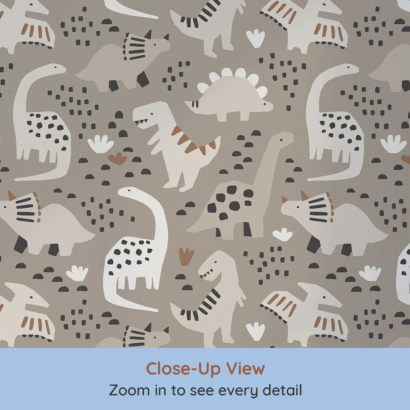 Close-up view of Whimsy Tots' Paper Cut Dino Land Wallpaper in Gray (W2277).Where cool, paper-cut dinosaurs roam a stylish landscape.