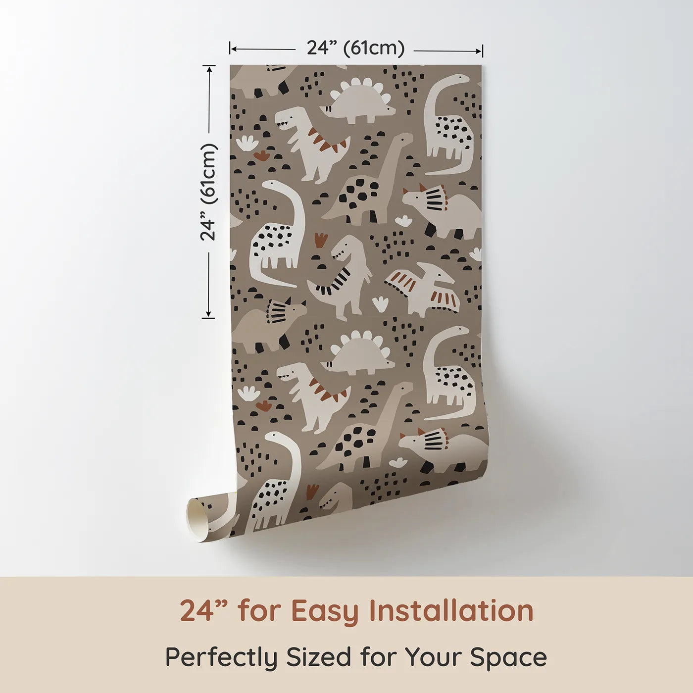 Dimension view of Whimsy Tots Paper Cut Dino Land Wallpaper in Gray (W2277). Printed in 24-inch-wide panel for easy installation. Where cool, paper-cut dinosaurs roam a stylish landscape.