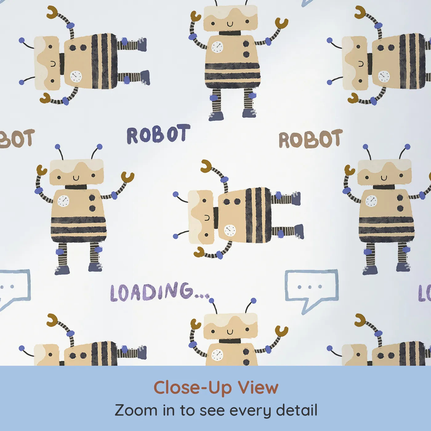 Close-up view of Whimsy Tots' Loading Robots Wallpaper (W2278).Where a team of cute, hand-painted robots is busy loading... fun!