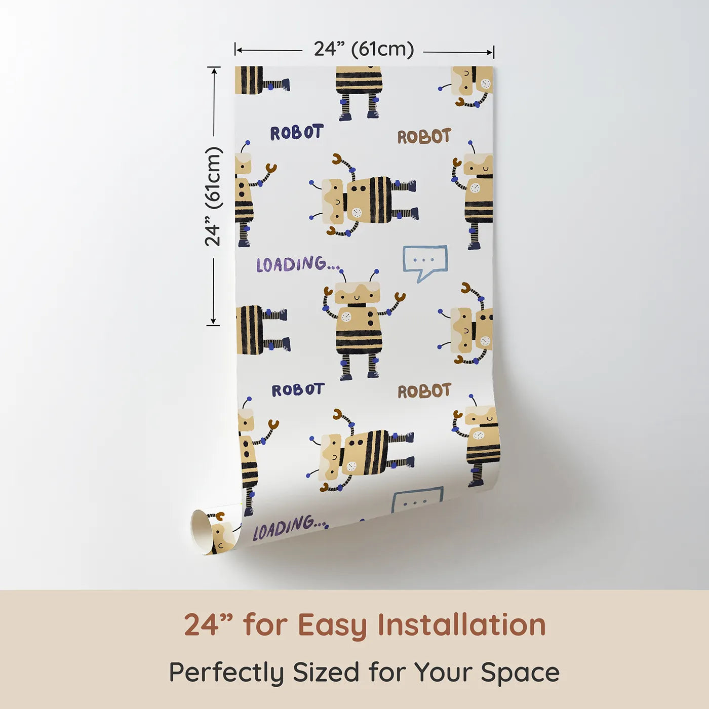 Dimension view of Whimsy Tots Loading Robots Wallpaper (W2278). Printed in 24-inch-wide panel for easy installation. Where a team of cute, hand-painted robots is busy loading... fun!