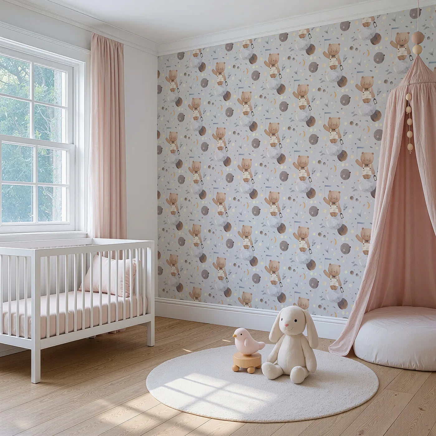 Angled view of Whimsy Tots' Watercolor Bear in the Stars Wallpaper (W2279).Where a gentle bear explores a sky of painted planets and stars.