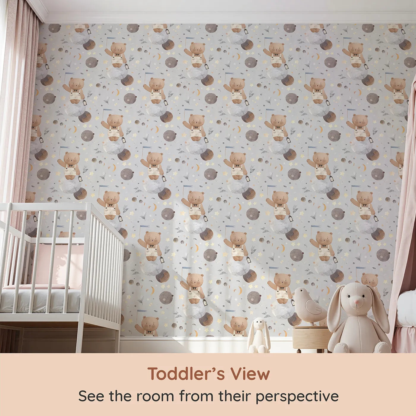 Whimsy Tots Watercolor Bear in the Stars Wallpaper (W2279) from your child's view.Where a gentle bear explores a sky of painted planets and stars.