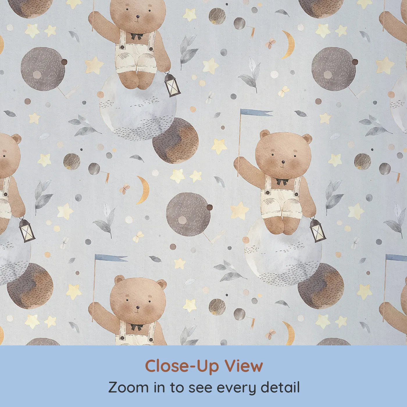 Close-up view of Whimsy Tots' Watercolor Bear in the Stars Wallpaper (W2279).Where a gentle bear explores a sky of painted planets and stars.