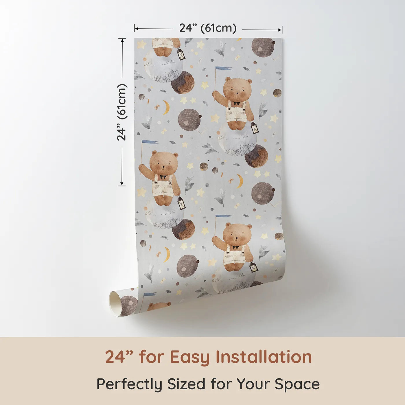 Dimension view of Whimsy Tots Watercolor Bear in the Stars Wallpaper (W2279). Printed in 24-inch-wide panel for easy installation. Where a gentle bear explores a sky of painted planets and stars.