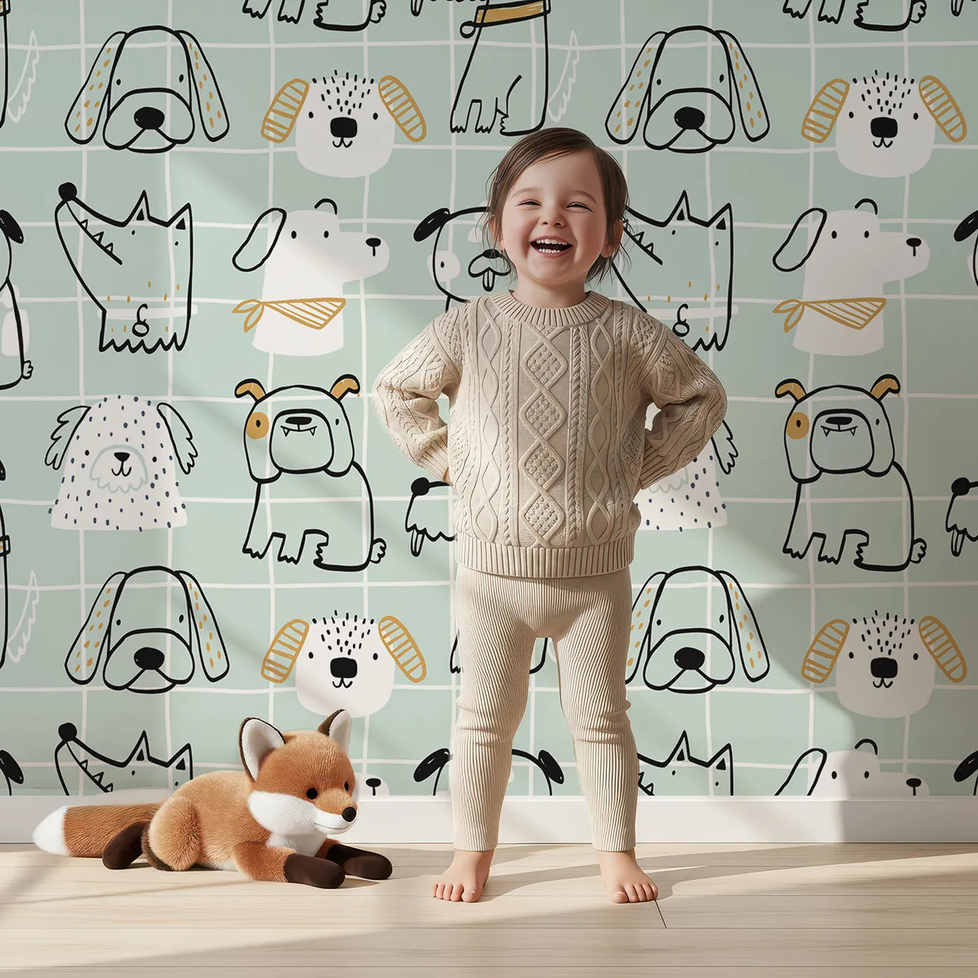 Lovely child standing in front of Whimsy Tots Doodle Dog Grid Wallpaper in Green with dog, puppy, doodle, grid, green in design.