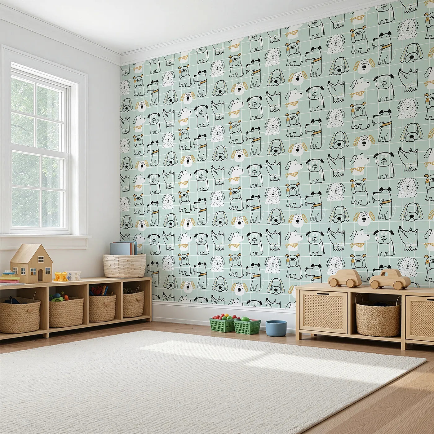 Angled view of Whimsy Tots' Doodle Dog Grid Wallpaper in Green (W2280).Where a pack of quirky, hand-drawn dogs are ready to play.