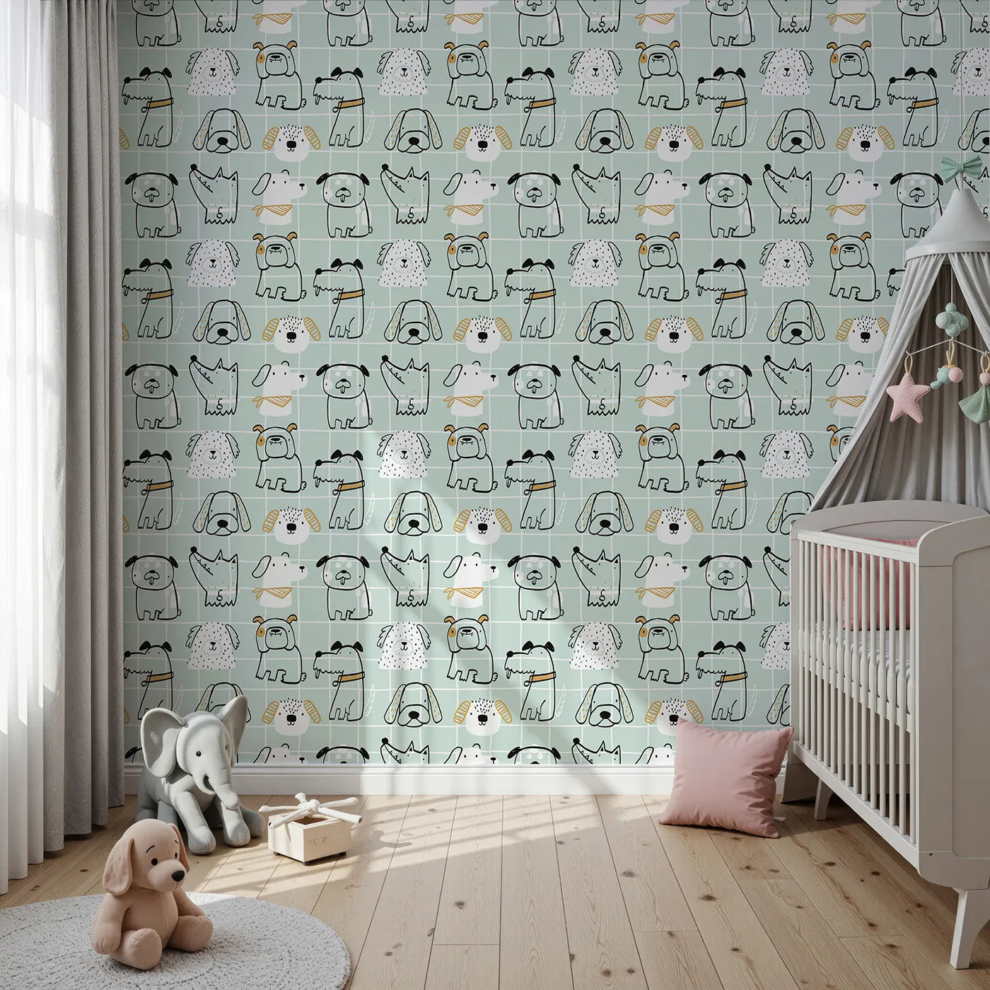 Front view of Whimsy Tots' Doodle Dog Grid Wallpaper in Green