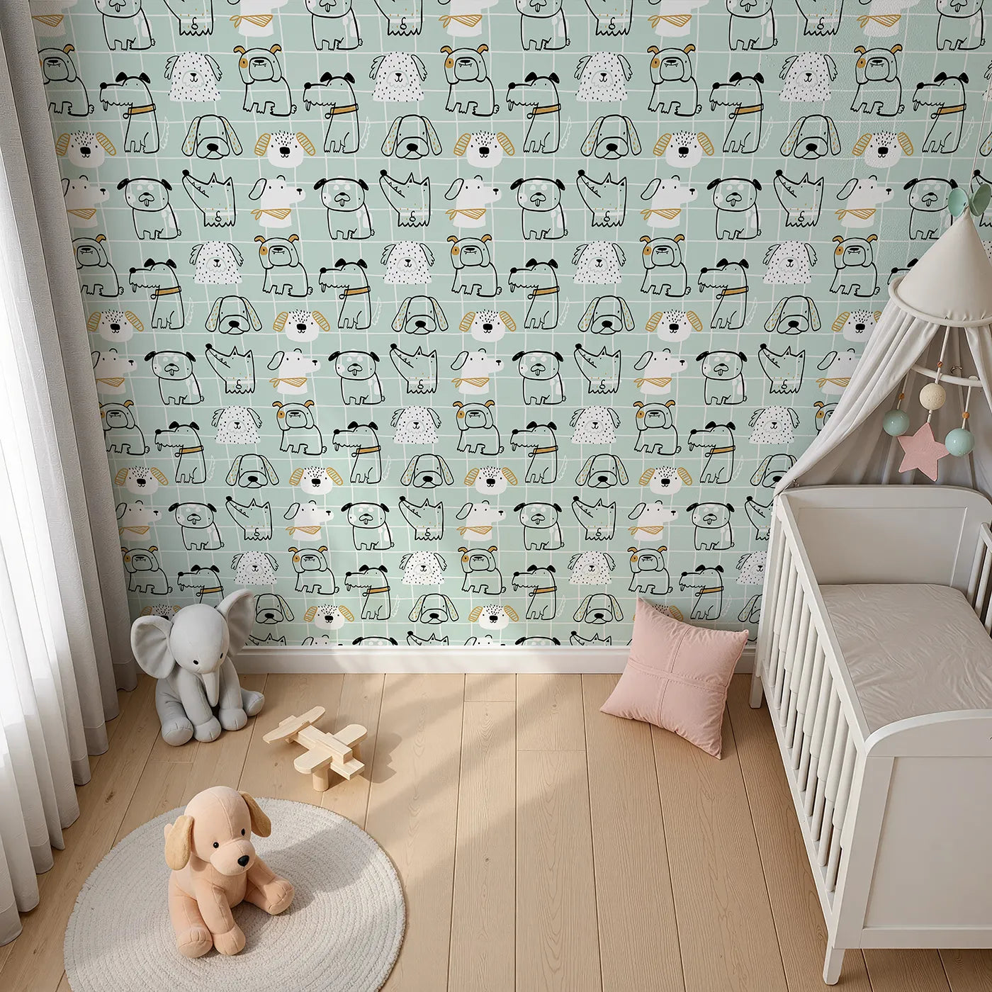 Top-Down view of Whimsy Tots' Doodle Dog Grid Wallpaper in Green (W2280).Where a pack of quirky, hand-drawn dogs are ready to play.