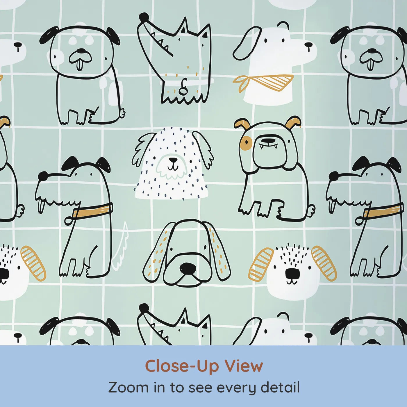 Close-up view of Whimsy Tots' Doodle Dog Grid Wallpaper in Green (W2280).Where a pack of quirky, hand-drawn dogs are ready to play.