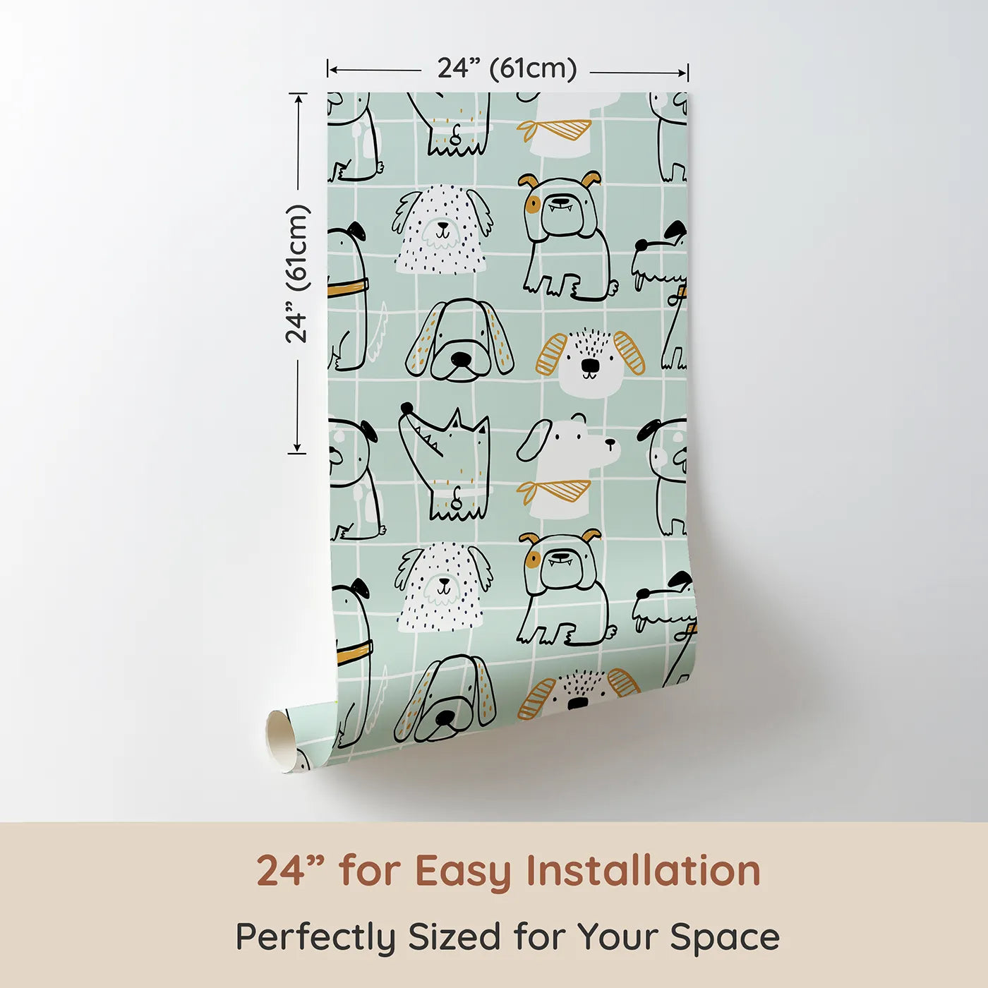 Dimension view of Whimsy Tots Doodle Dog Grid Wallpaper in Green (W2280). Printed in 24-inch-wide panel for easy installation. Where a pack of quirky, hand-drawn dogs are ready to play.