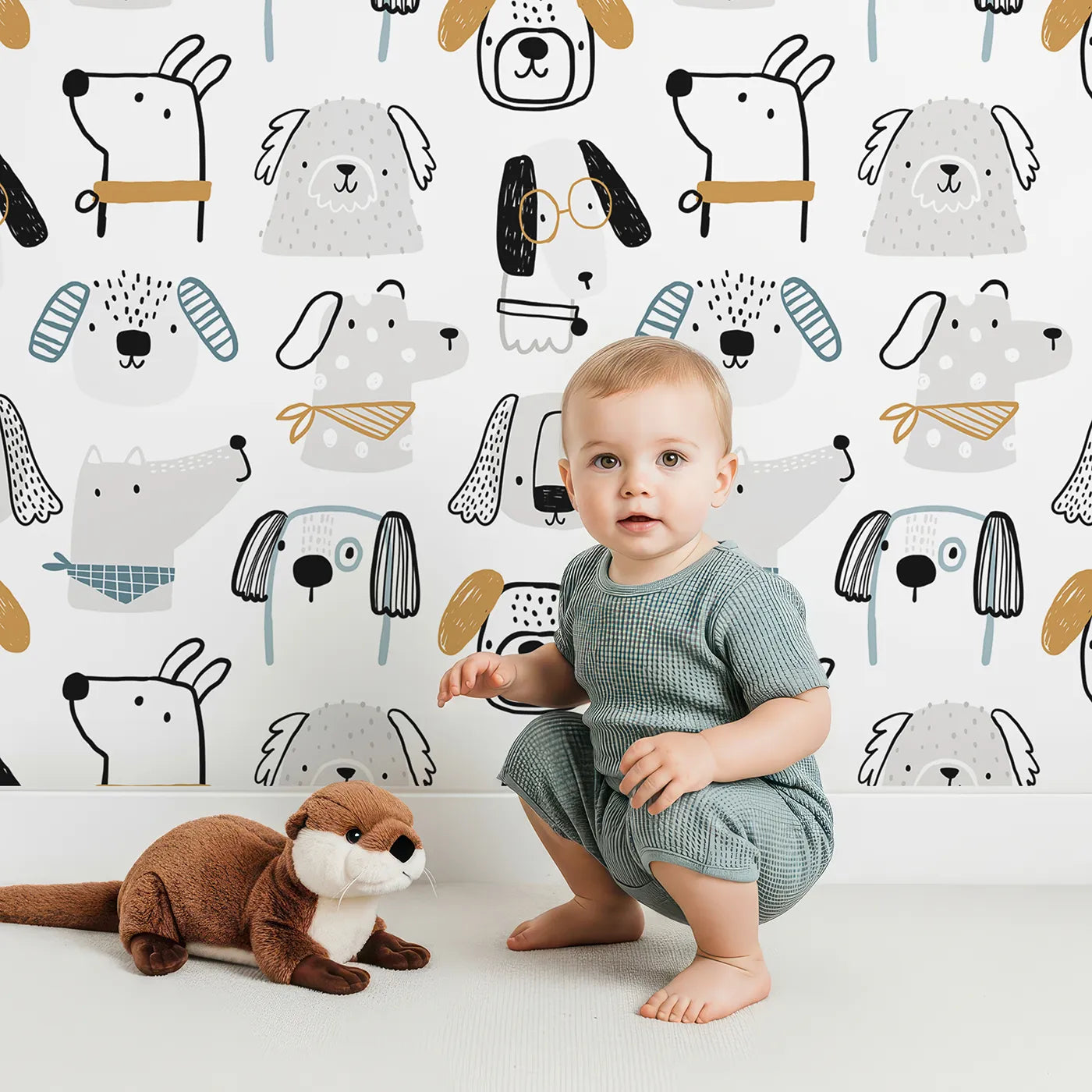 Lovely child standing in front of Whimsy Tots Stylish Doodle Dogs Wallpaper with dog, puppy, doodle, modern, cool in design.