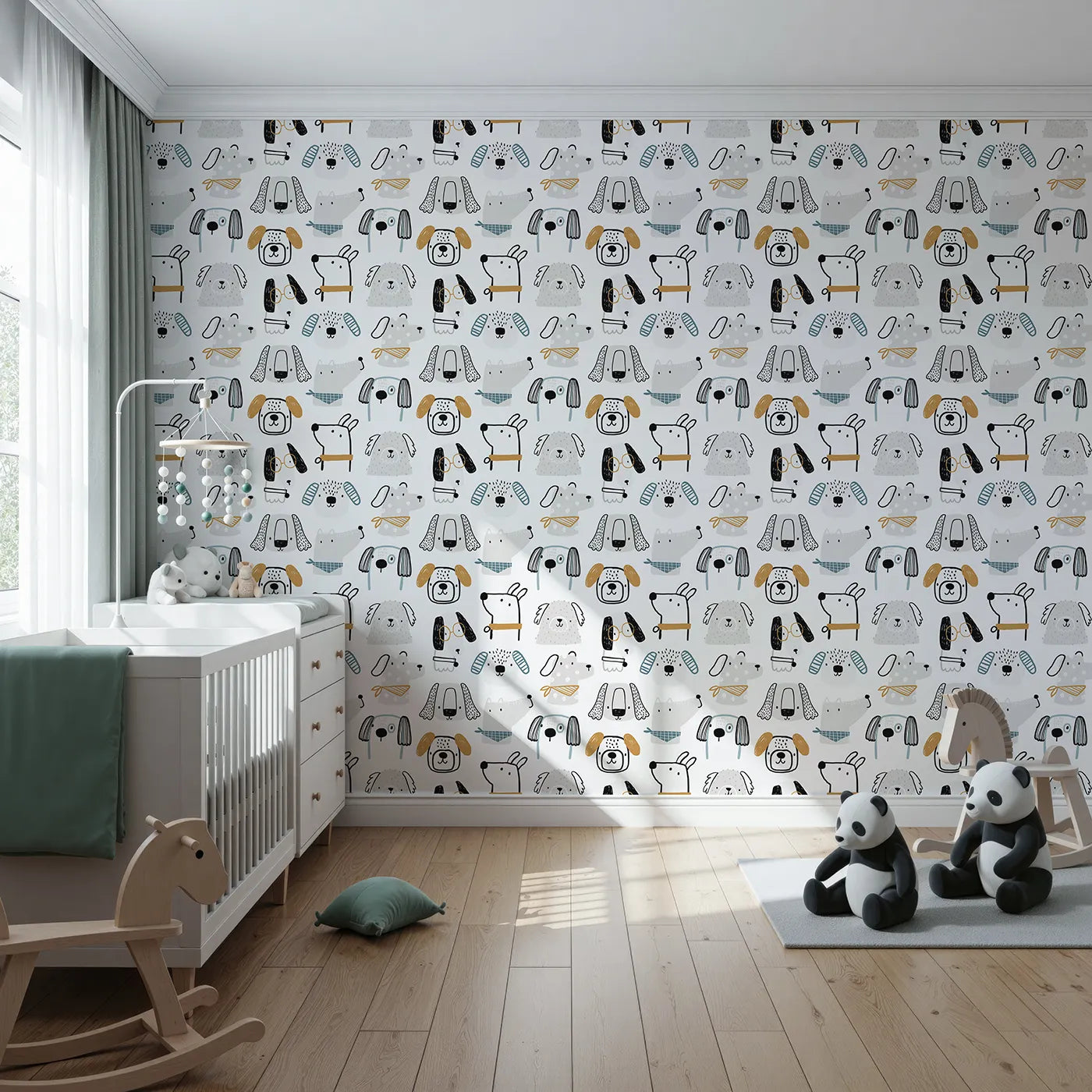 Front view of Whimsy Tots' Stylish Doodle Dogs Wallpaper