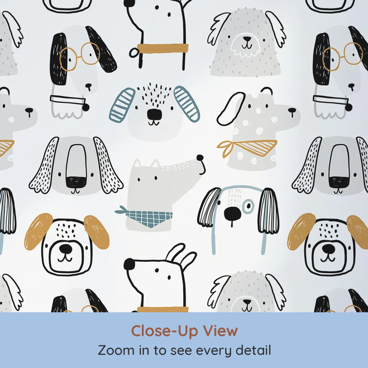Close-up view of Whimsy Tots' Stylish Doodle Dogs Wallpaper (W2281).Where a pack of cool, hand-drawn dogs are dressed to impress.