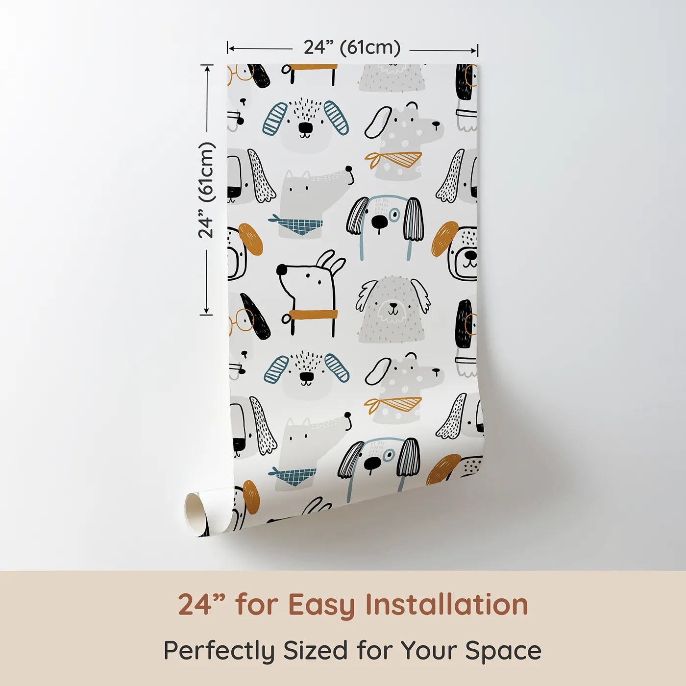 Dimension view of Whimsy Tots Stylish Doodle Dogs Wallpaper (W2281). Printed in 24-inch-wide panel for easy installation. Where a pack of cool, hand-drawn dogs are dressed to impress.