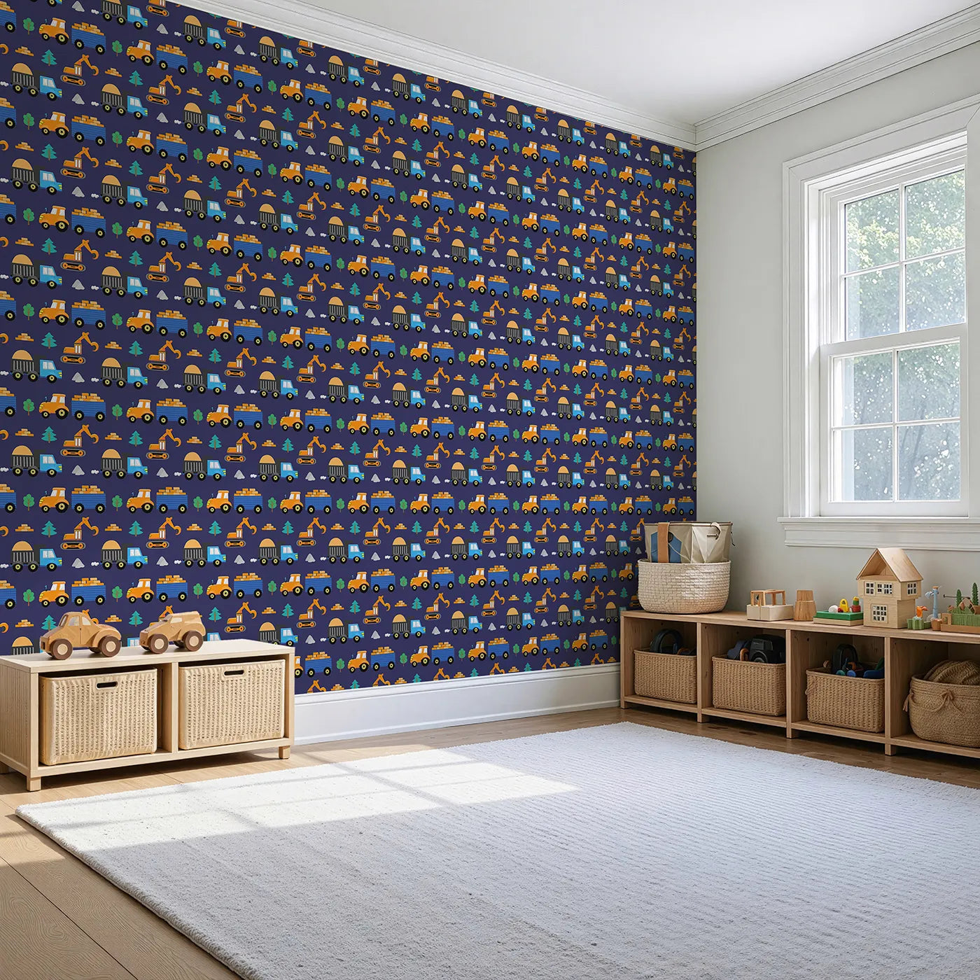 Angled view of Whimsy Tots' Bright Construction Zone Wallpaper (W2282).Where a colorful crew of trucks is ready for a big day of work.