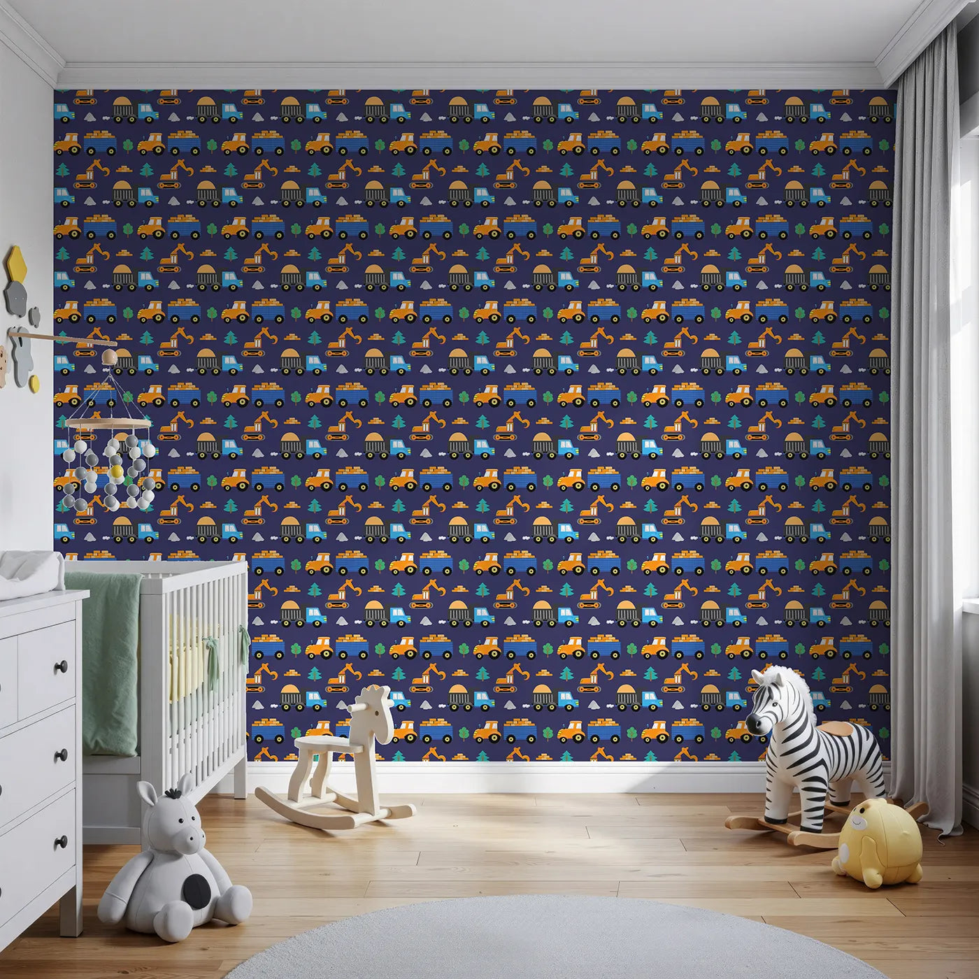 Front view of Whimsy Tots' Bright Construction Zone Wallpaper