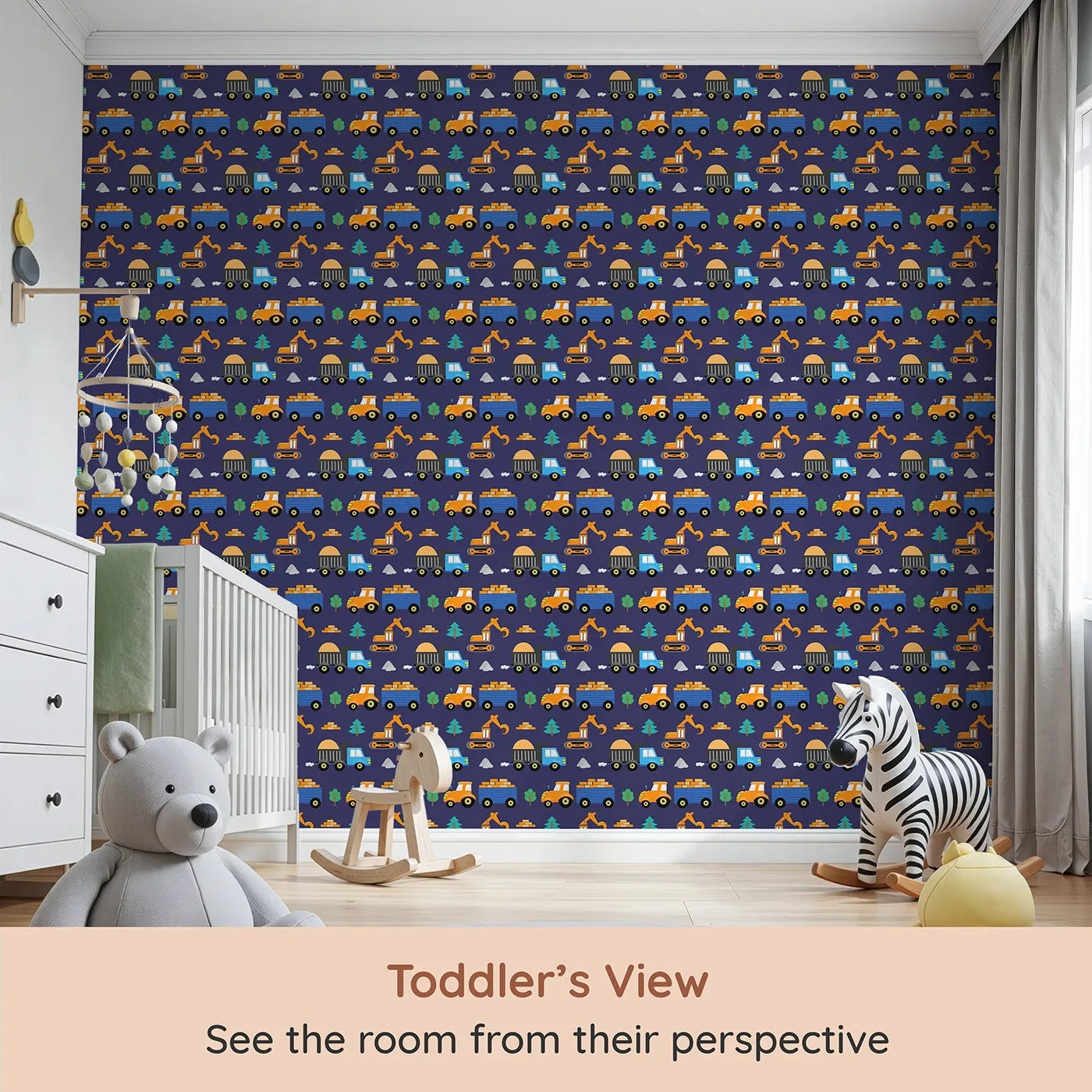 Whimsy Tots Bright Construction Zone Wallpaper (W2282) from your child's view.Where a colorful crew of trucks is ready for a big day of work.