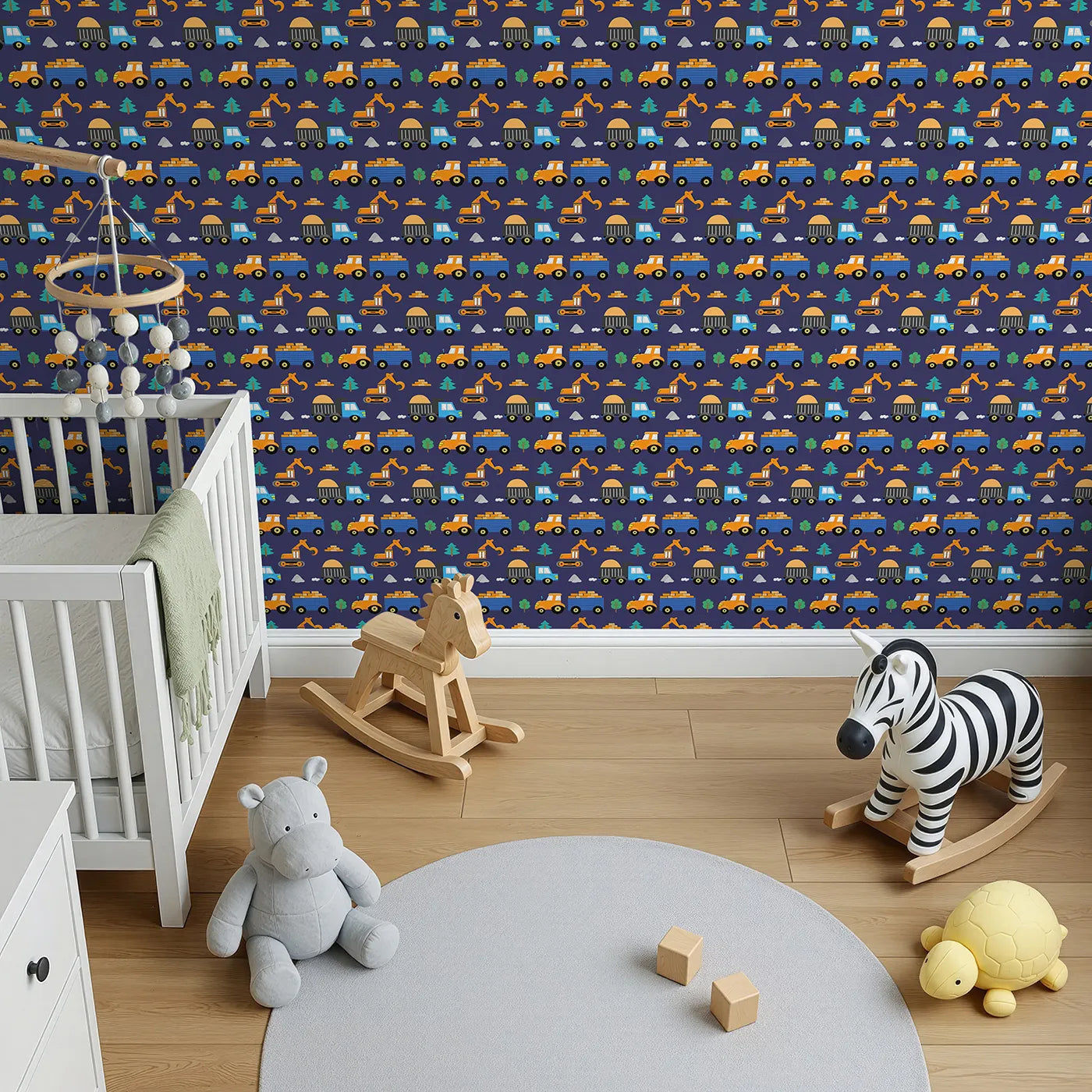 Top-Down view of Whimsy Tots' Bright Construction Zone Wallpaper (W2282).Where a colorful crew of trucks is ready for a big day of work.